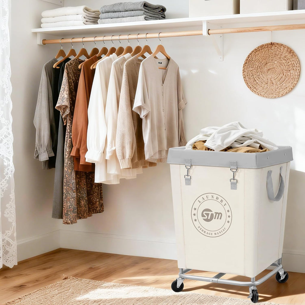 STORAGE MANIAC Commercial Laundry Hamper with Heavy Duty Steel Frame, 160 L Industrial Clothes Basket Cart with Wheels for Big Family, Home, Hotel, Laundry Room, 18''L x 18''W x 31''H, Medium Beige