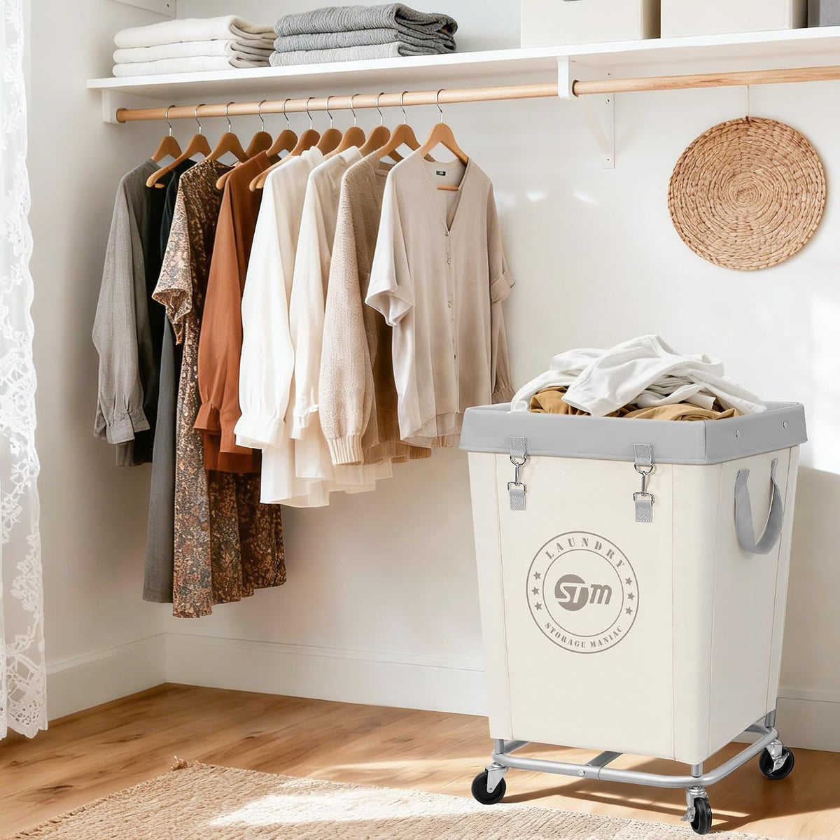 STORAGE MANIAC Commercial Laundry Hamper with Heavy Duty Steel Frame, 160 L Industrial Clothes Basket Cart with Wheels for Big Family, Home, Hotel, Laundry Room, 18''L x 18''W x 31''H, Medium Beige
