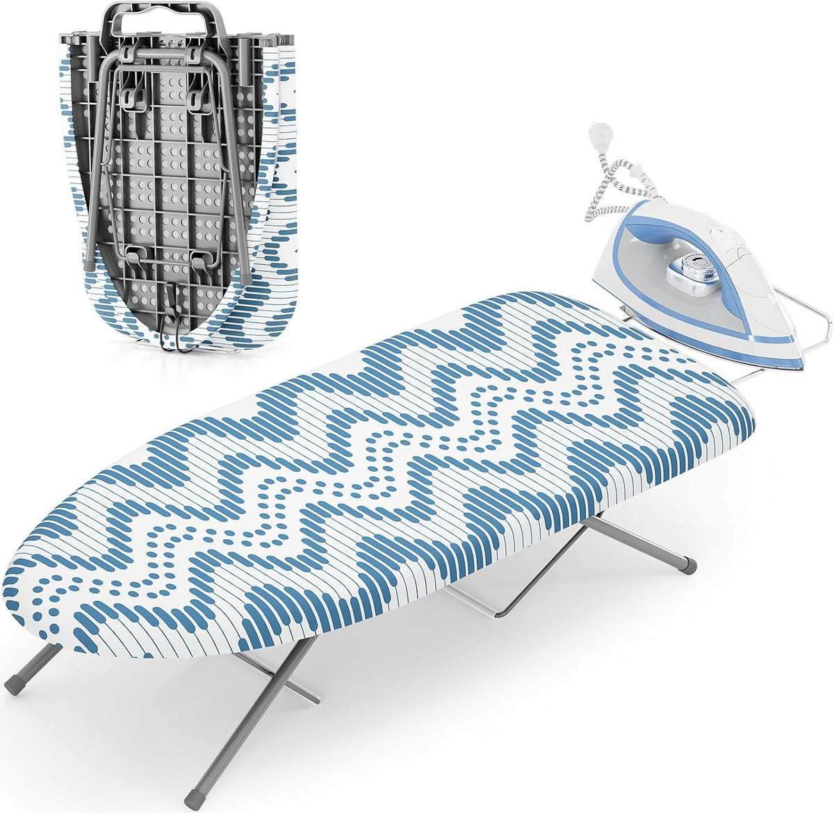 KINGBOARD Small Ironing Board with Iron Rest, Extra Thick Cover 30x12 Blue