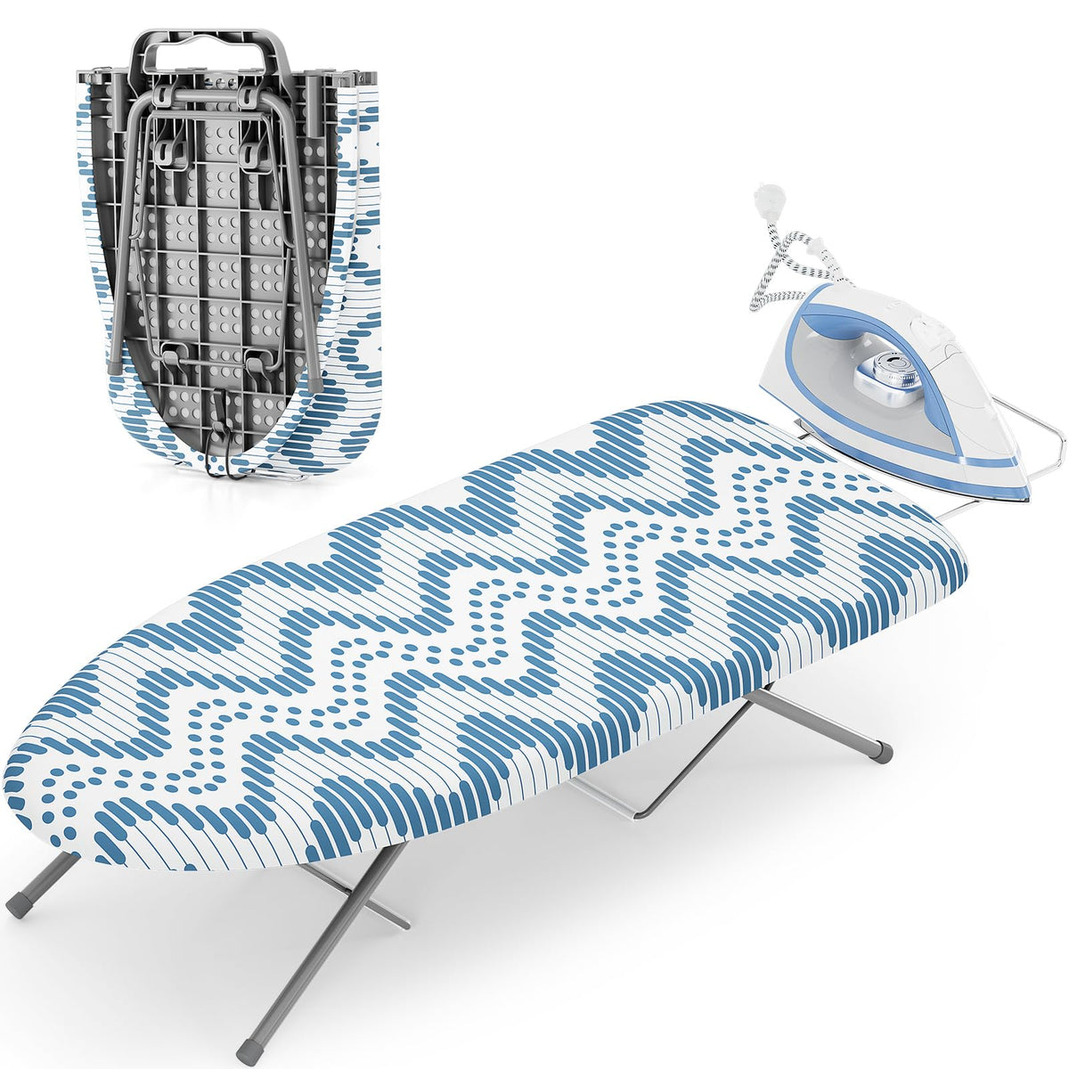 KINGBOARD Small Ironing Board with Iron Rest, Extra Thick Cover 30x12 Blue
