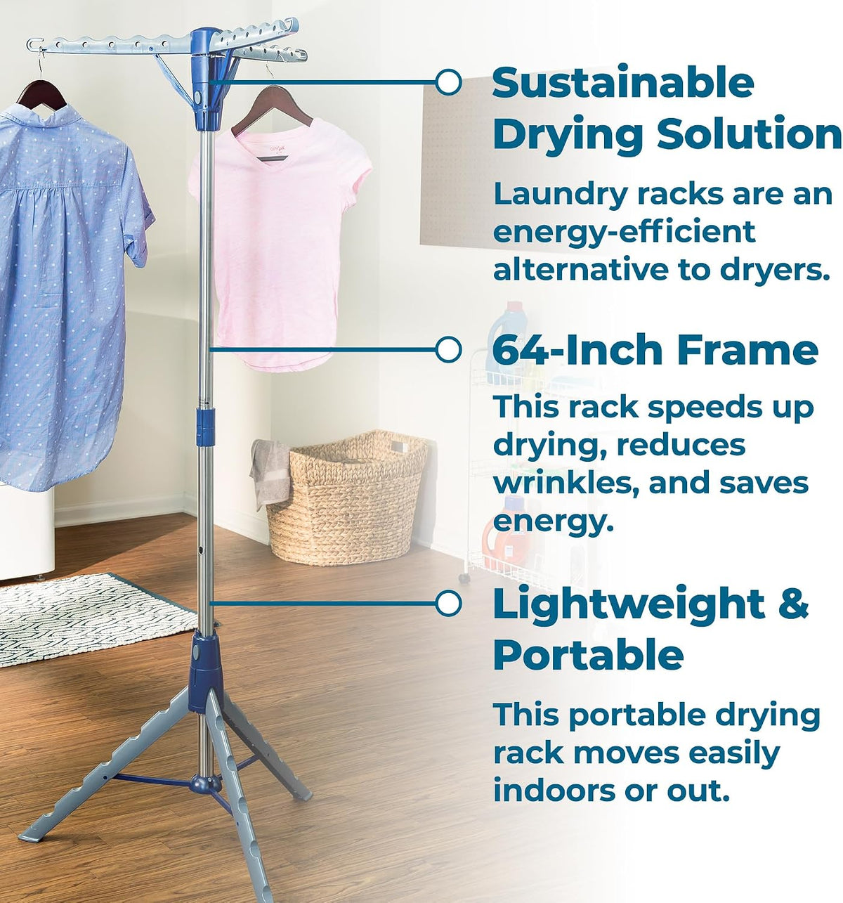 Honey-Can-Do 64-Inch Steel Tripod Clothes Drying Rack, Foldable Collapsible Laundry Stand with 3 Rotatable Arms, Holds 30 Hangers, Space-Saving Indoor Outdoor Air Dry Rack, Blue