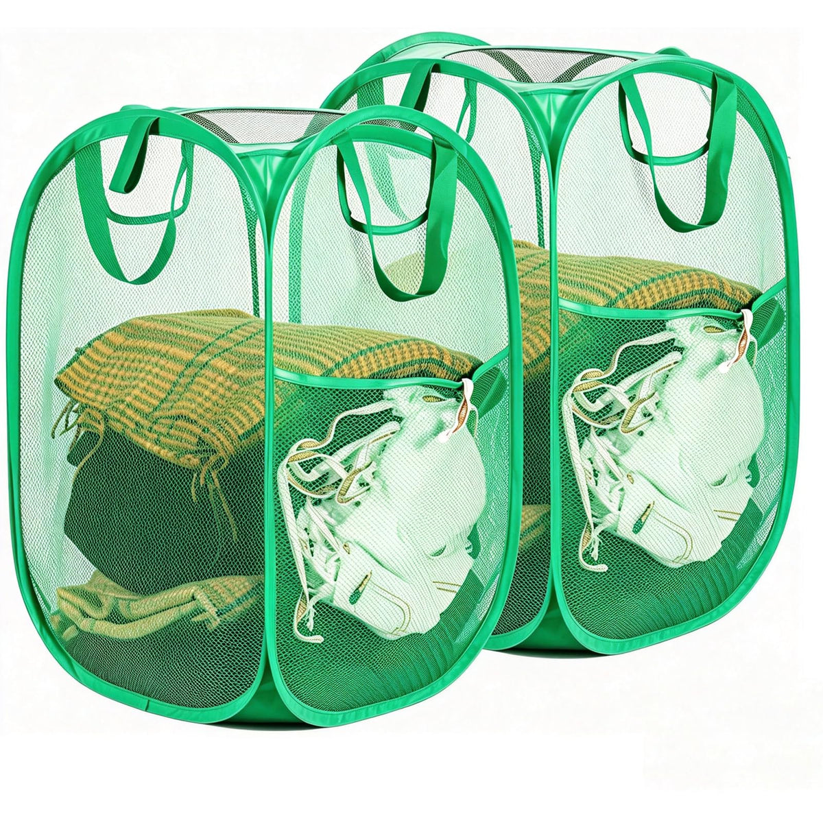 Upgraded Polyester Pop-up Laundry Hamper 2 Pack, 70L(18.5 Gal) Laundry Basket with Durable Handles Solid Bottom High Carbon Steel Frame and Side Pocket, Easy to Open Fold Flat for Storage