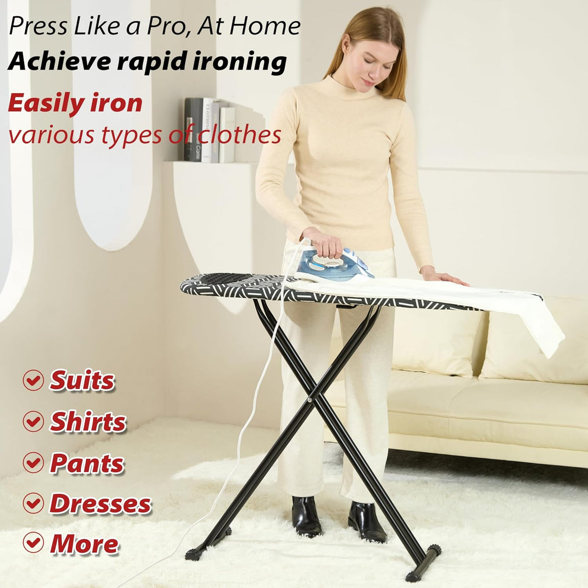 caius Ironing Board 43''x13'', 7 Adjustable Heights, Stable, Saves Space