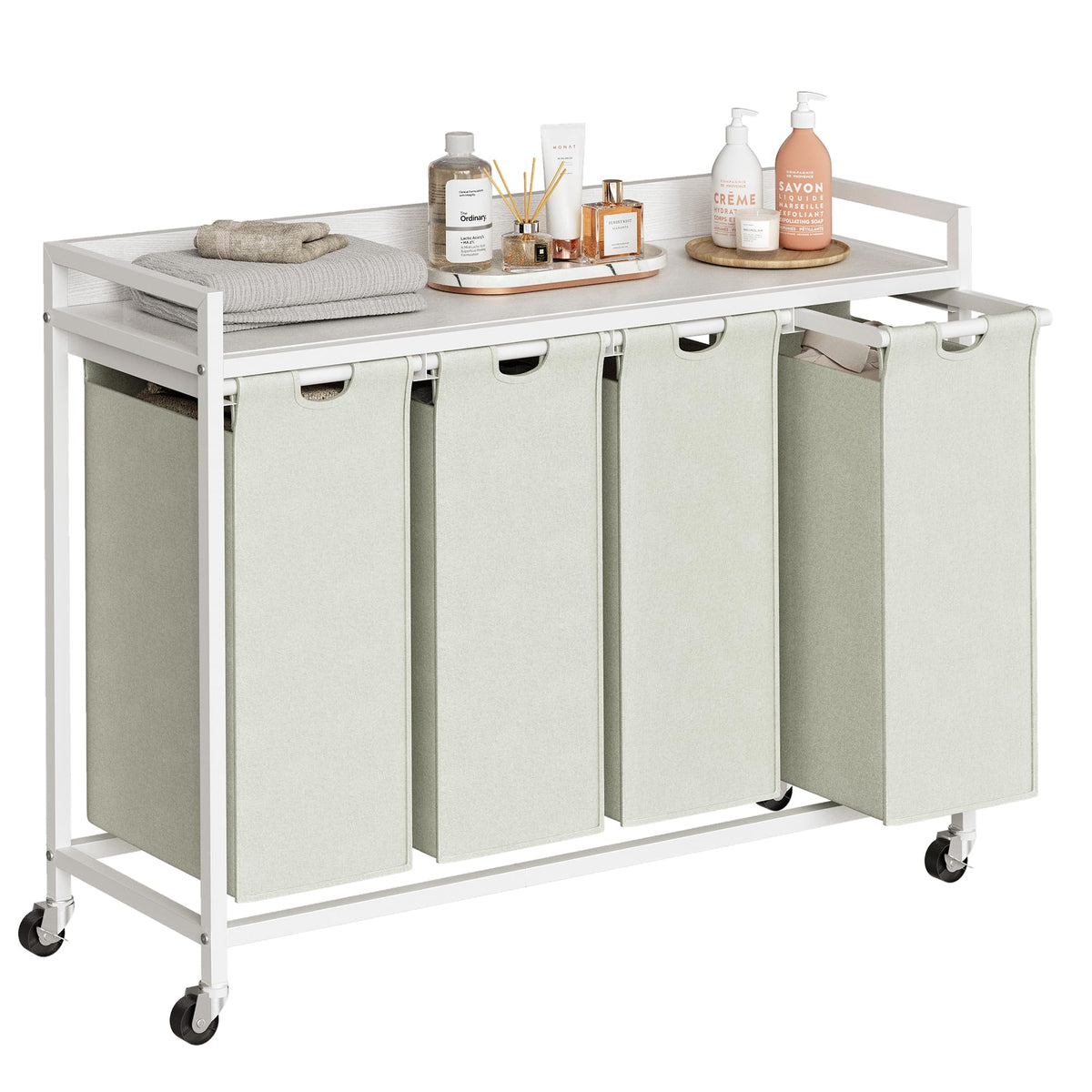 Herture Laundry Hamper with Shelf, Laundry Basket 4 Section, Laundry Sorter with Pull-Out Removable Large 4 Color Bags and Movable Wheels, Metal Frame, 4 x 15.87 Gallons (60L), Rustic Brown PF07XLN