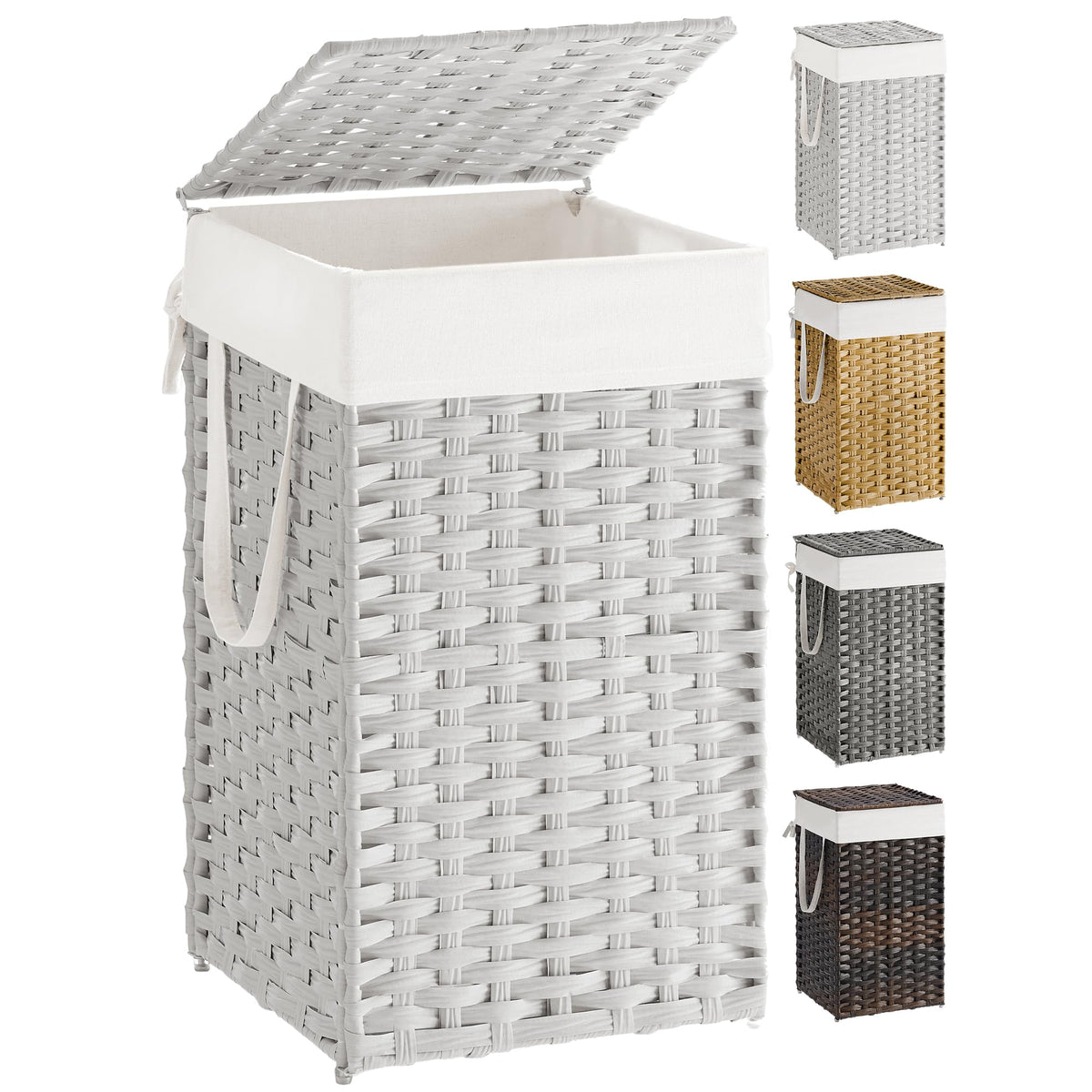 SONGMICS Laundry Hamper with Lid, 17.2 Gallon (65 L) Synthetic Rattan Clothes Laundry Basket with Lid and Handles, Foldable, Removable Liner, Goose Yellow ULCB165N01