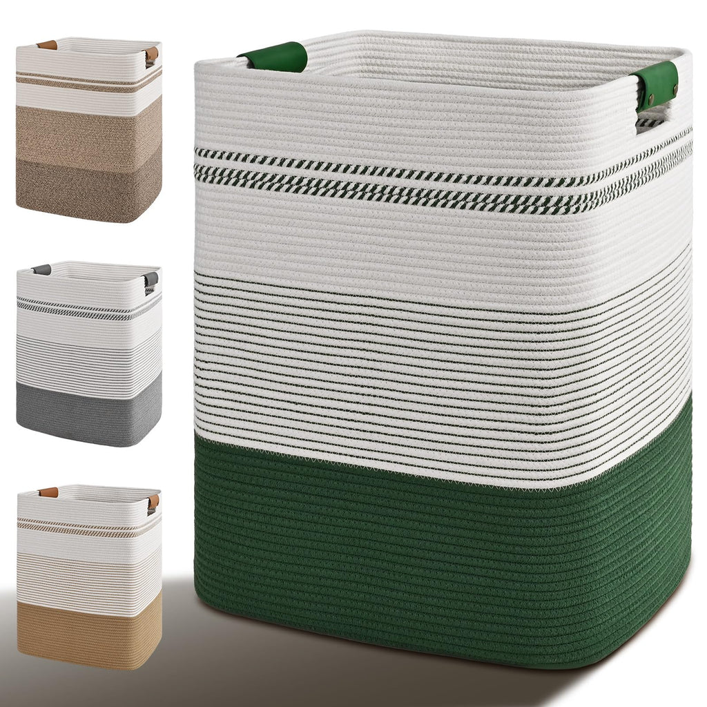 Laundry Hamper, 85L Tall Laundry Basket with Leather Handles, Rectangle Large Clothes Hamper for Organizing, Cotton Woven Laundry Baskets Storage Hampers for Bedroom, Nursery, Living Room