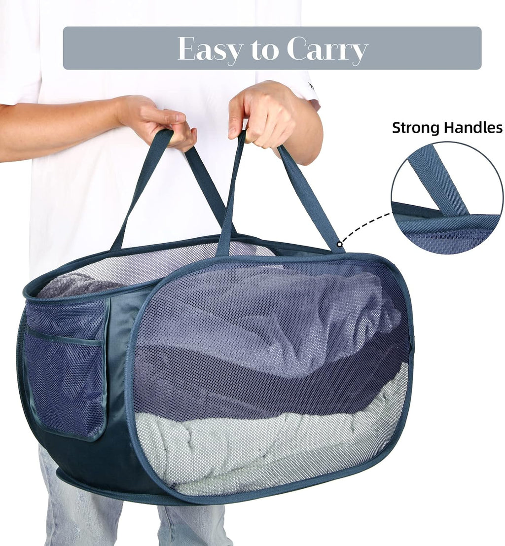 Durable Collapsible Laundry Baskets, Mesh Pop Up Laundry Hamper with Side Pocket, Foldable Clothes Hamper with Reinforced Carry Handles for Laundry, Bathroom, Kids Room, Dorm, Travel 2 Pack Navy Blue