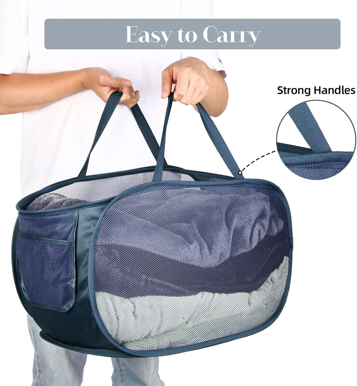 Durable Collapsible Laundry Baskets, Mesh Pop Up Laundry Hamper with Side Pocket, Foldable Clothes Hamper with Reinforced Carry Handles for Laundry, Bathroom, Kids Room, Dorm, Travel 2 Pack Navy Blue