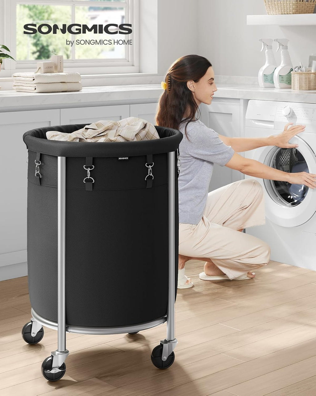 SONGMICS Laundry Basket with Wheels, 110L, Steel Frame, Removable Bag