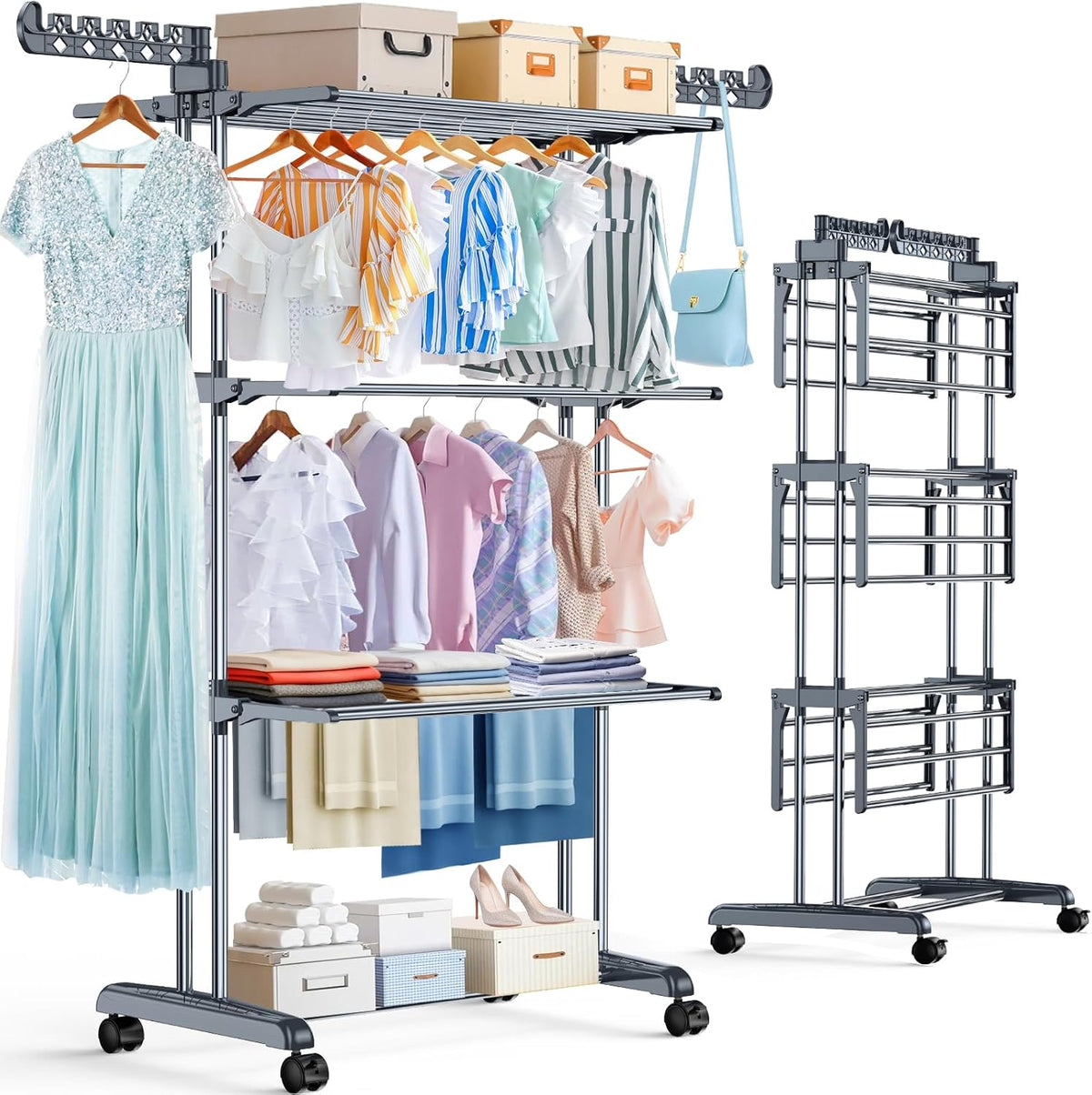 Upgraded 4-Tier Clothes Drying Rack, Drying Rack Clothing with Wheels