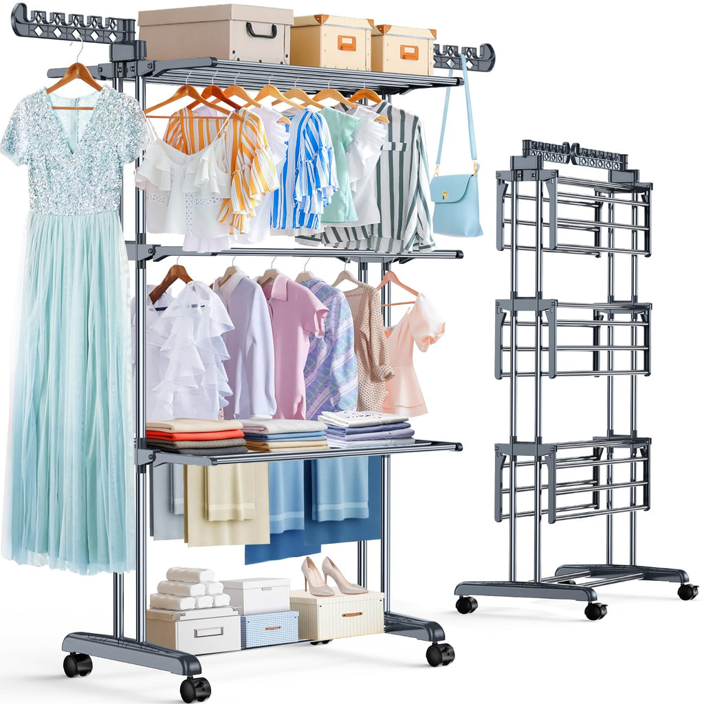 Upgraded 4-Tier Clothes Drying Rack, Drying Rack Clothing with Wheels
