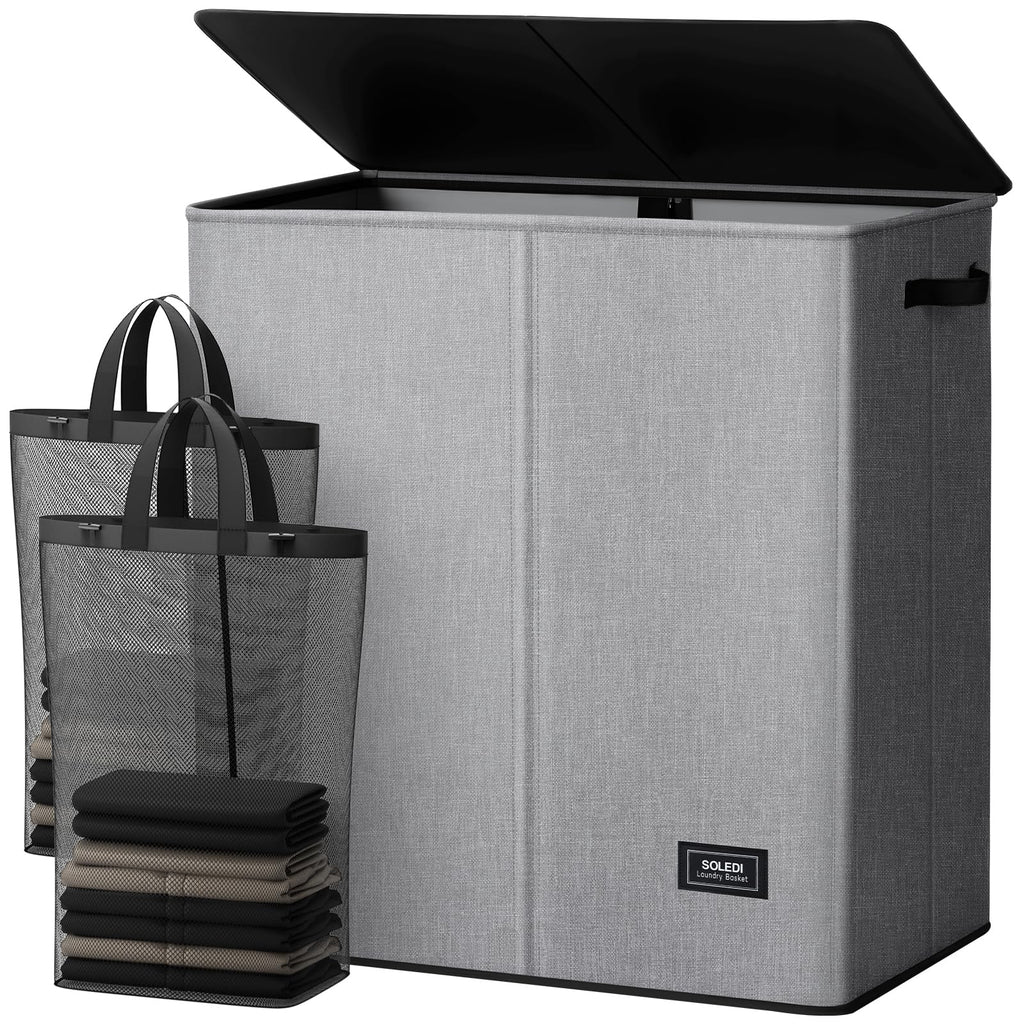 SOLEDI Luxury Double Laundry Hamper with Lid and Removable Bags, 38.3 Gal Large Laundry Bin, Laundry Basket 2 Sections, Collapsible Clothes Hamper for Bedroom, Laundry Room, Bathroom, Off-white