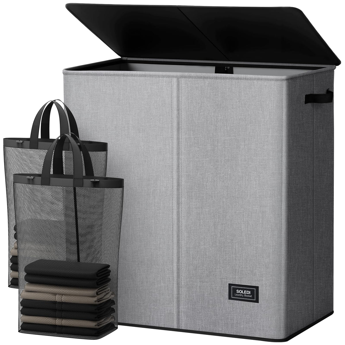 SOLEDI Luxury Double Laundry Hamper with Lid and Removable Bags, 38.3 Gal Large Laundry Bin, Laundry Basket 2 Sections, Collapsible Clothes Hamper for Bedroom, Laundry Room, Bathroom, Off-white