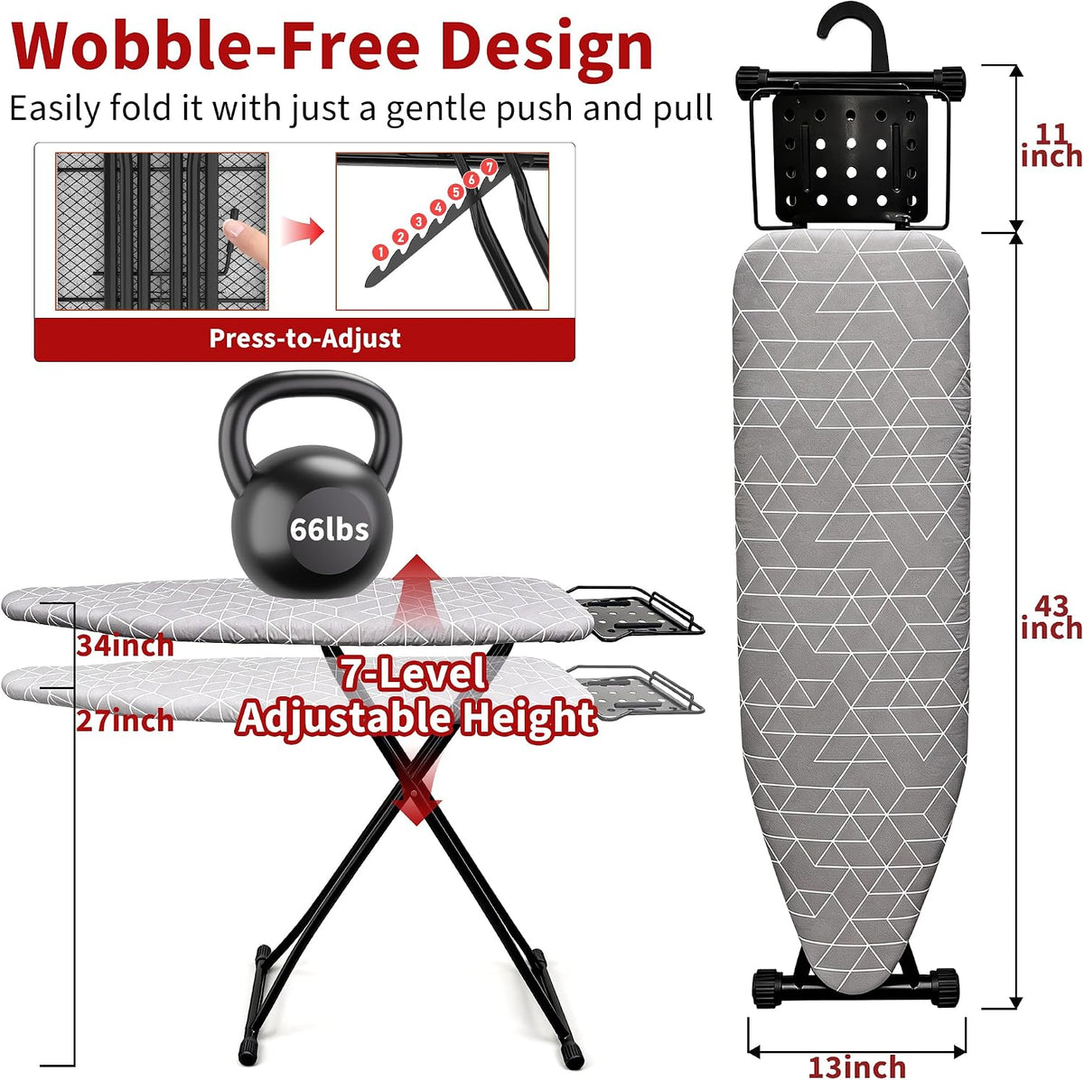 Ironing Board, 43"×13" with Iron Rest, 4 Layer & 7 Adjustable Height Sturdy