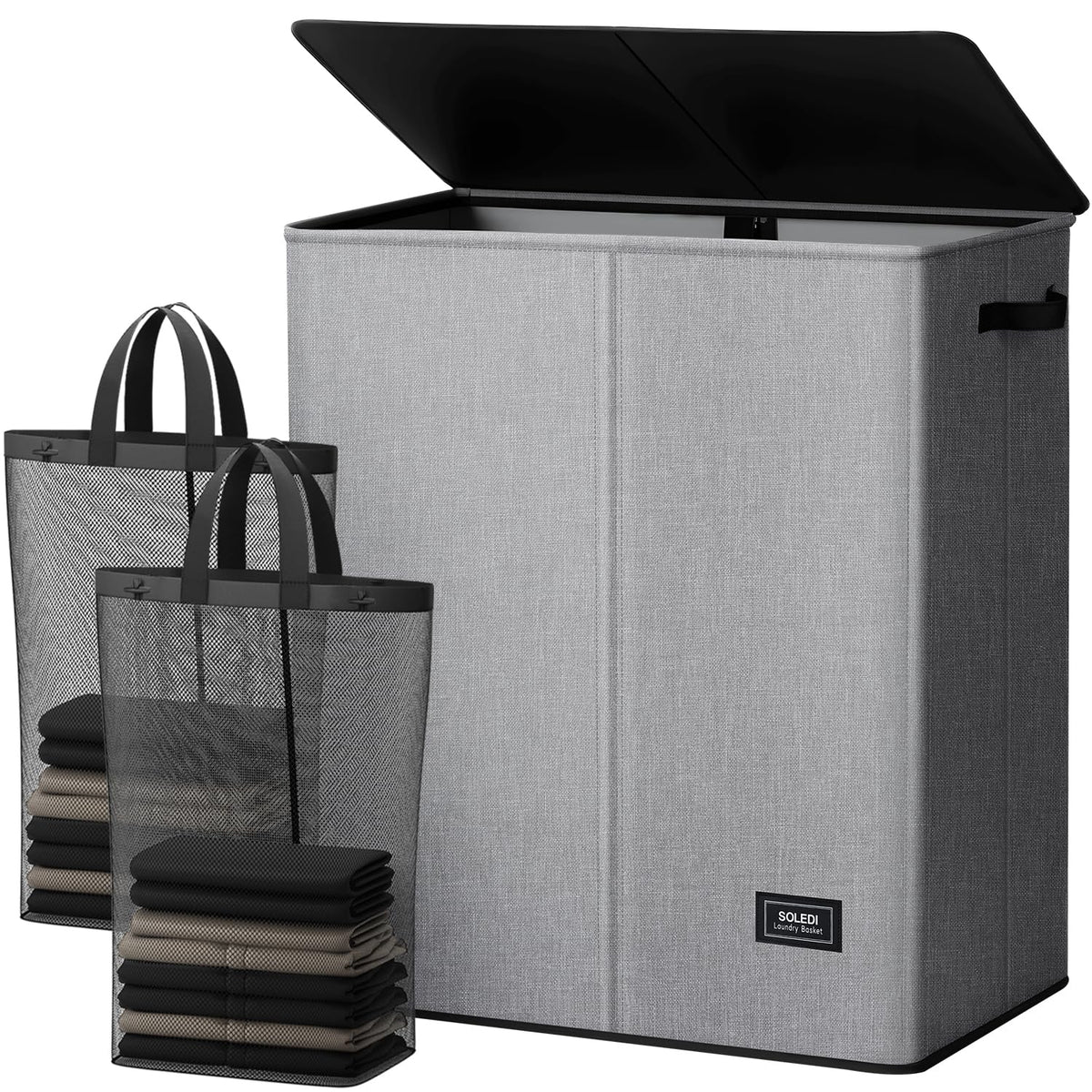 SOLEDI Luxury Double Laundry Hamper with Lid and Removable Bags, 38.3 Gal Large Laundry Bin, Laundry Basket 2 Sections, Collapsible Clothes Hamper for Bedroom, Laundry Room, Bathroom, Off-white