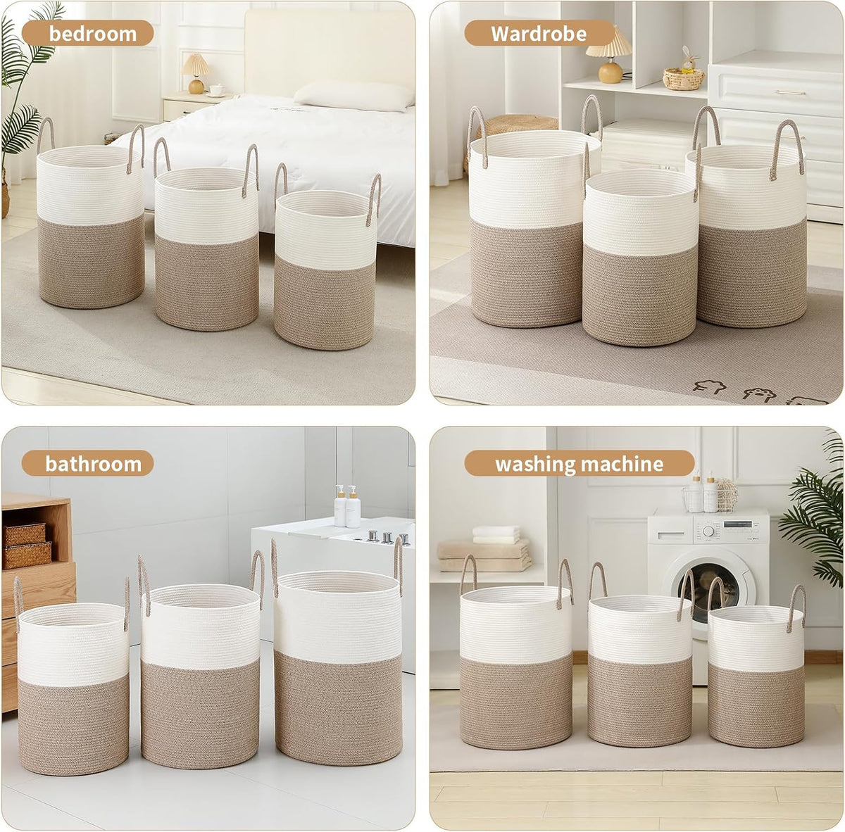 Laundry Basket Hamper Tall Rope Storage Woven for Blanket Toys Dirty Clothes in Living Room Bathroom Bedroom White & Brown 60L/15.8Gal