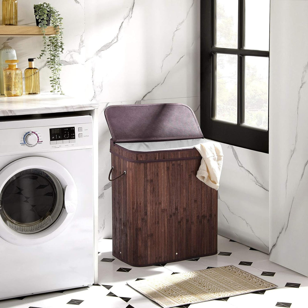 SONGMICS Bamboo Laundry Hamper with Lid, 100L, with Handles