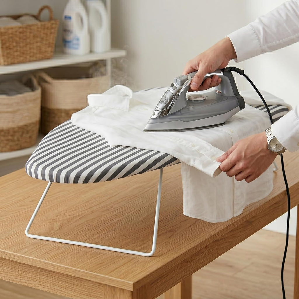 Honey-Can-Do Steel Tabletop Ironing Board with Folding Legs, Grey and White Stripe Cotton Cover, Compact Space-Saving Design, 30" L x 6" H