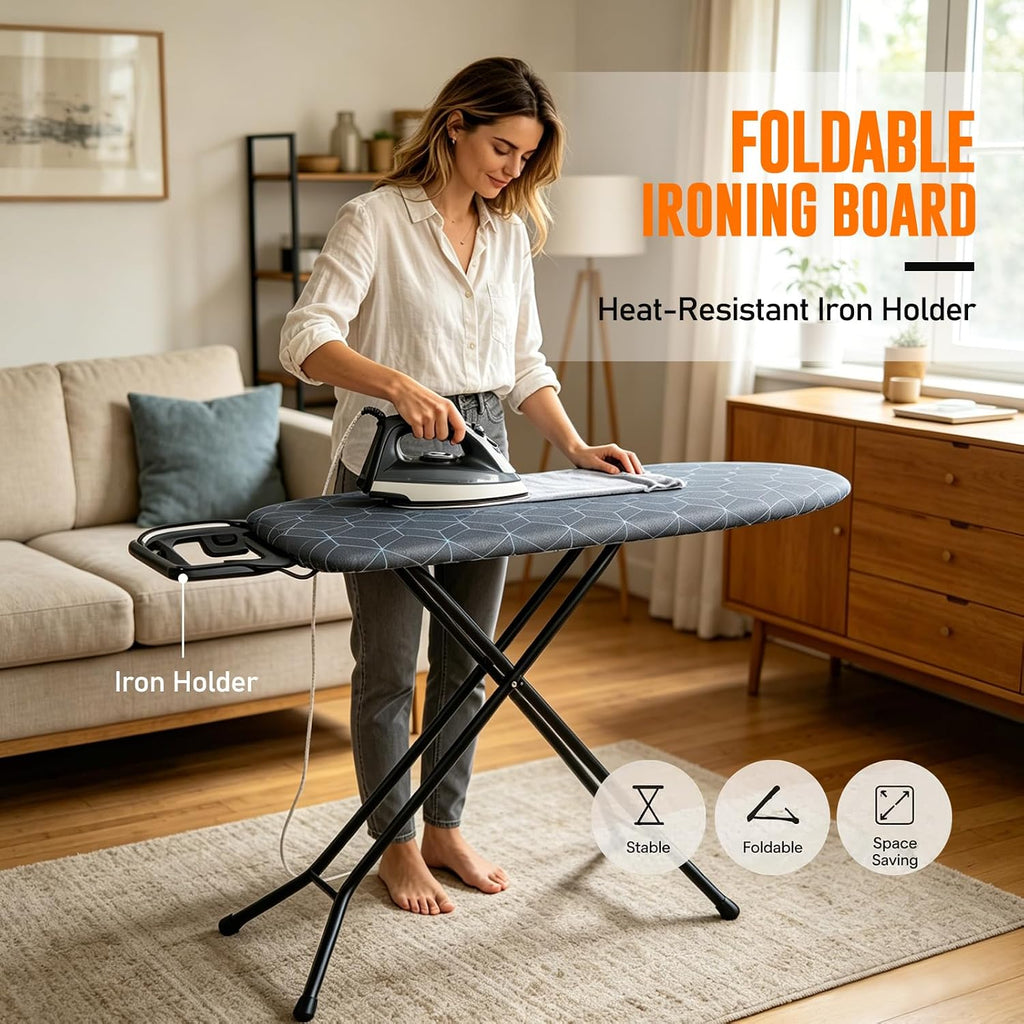 Ironing Board with Iron Rest – Full Size Foldable Board – Adjustable Height Steel Mesh Surface – Gray Padded Cotton Cover