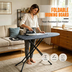 Ironing Board with Iron Rest – Full Size Foldable Board – Adjustable Height Steel Mesh Surface – Gray Padded Cotton Cover