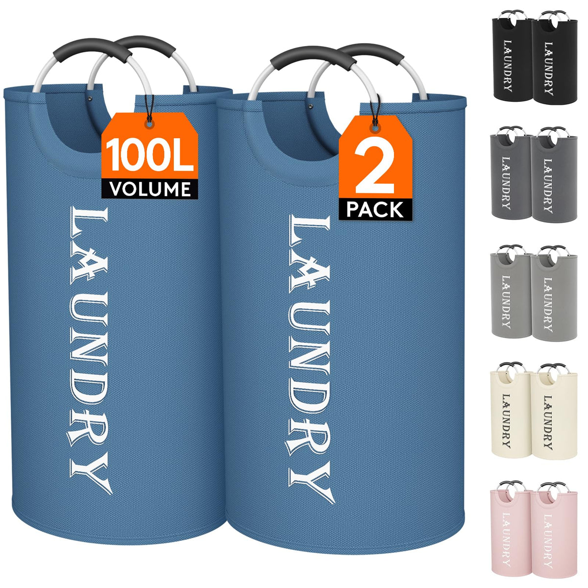 Lifewit 2 Pack 100L Laundry Basket with Aluminum Handles, Black