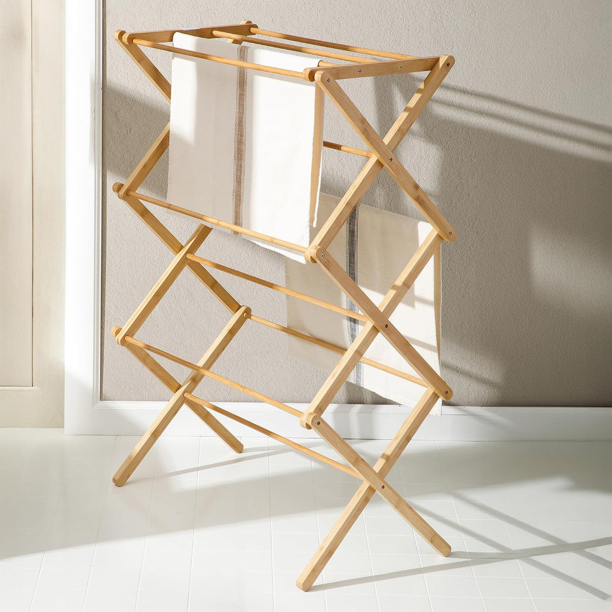 Gibson Home Riverrun Foldable Bamboo Drying Rack for Clothes, Towels, Blankets – 2-Tier Collapsible Laundry Drying Rack, Space-Saving Air Dry Stand for Indoor & Outdoor Use - Pre Assembled