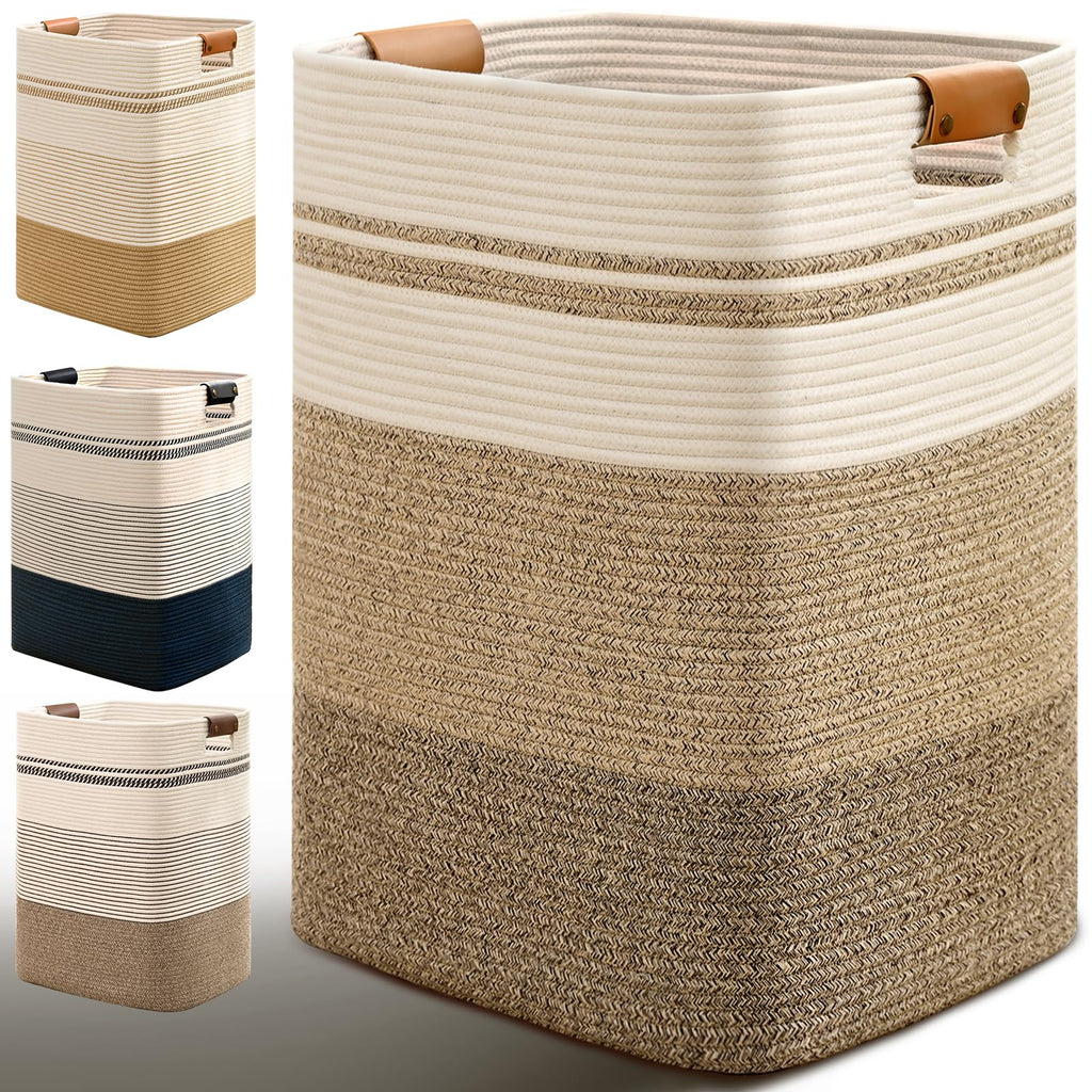 Laundry Hamper, 85L Tall Laundry Basket with Leather Handles, Rectangle Large Clothes Hamper for Organizing, Cotton Woven Laundry Baskets Storage Hampers for Bedroom, Nursery, Living Room