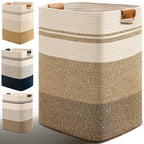 Laundry Hamper, 85L Tall Laundry Basket with Leather Handles, Rectangle Large Clothes Hamper for Organizing, Cotton Woven Laundry Baskets Storage Hampers for Bedroom, Nursery, Living Room