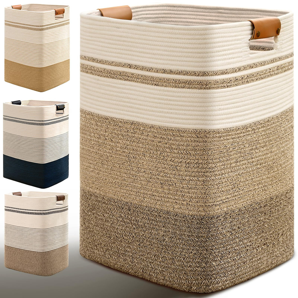 Laundry Hamper, 85L Tall Laundry Basket with Leather Handles, Rectangle Large Clothes Hamper for Organizing, Cotton Woven Laundry Baskets Storage Hampers for Bedroom, Nursery, Living Room