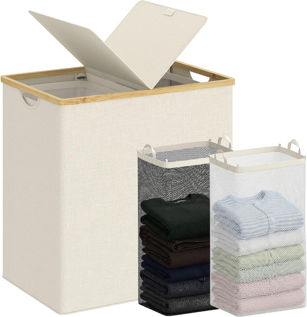 efluky Double Laundry Hamper with Lid and 2 Removable Bags, Beige