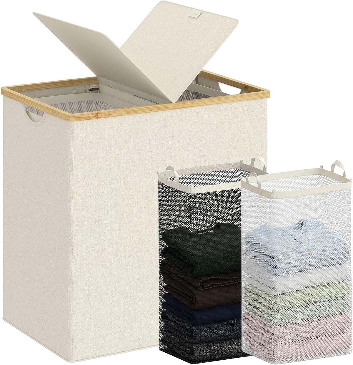 efluky Double Laundry Hamper with Lid and 2 Removable Bags, Beige