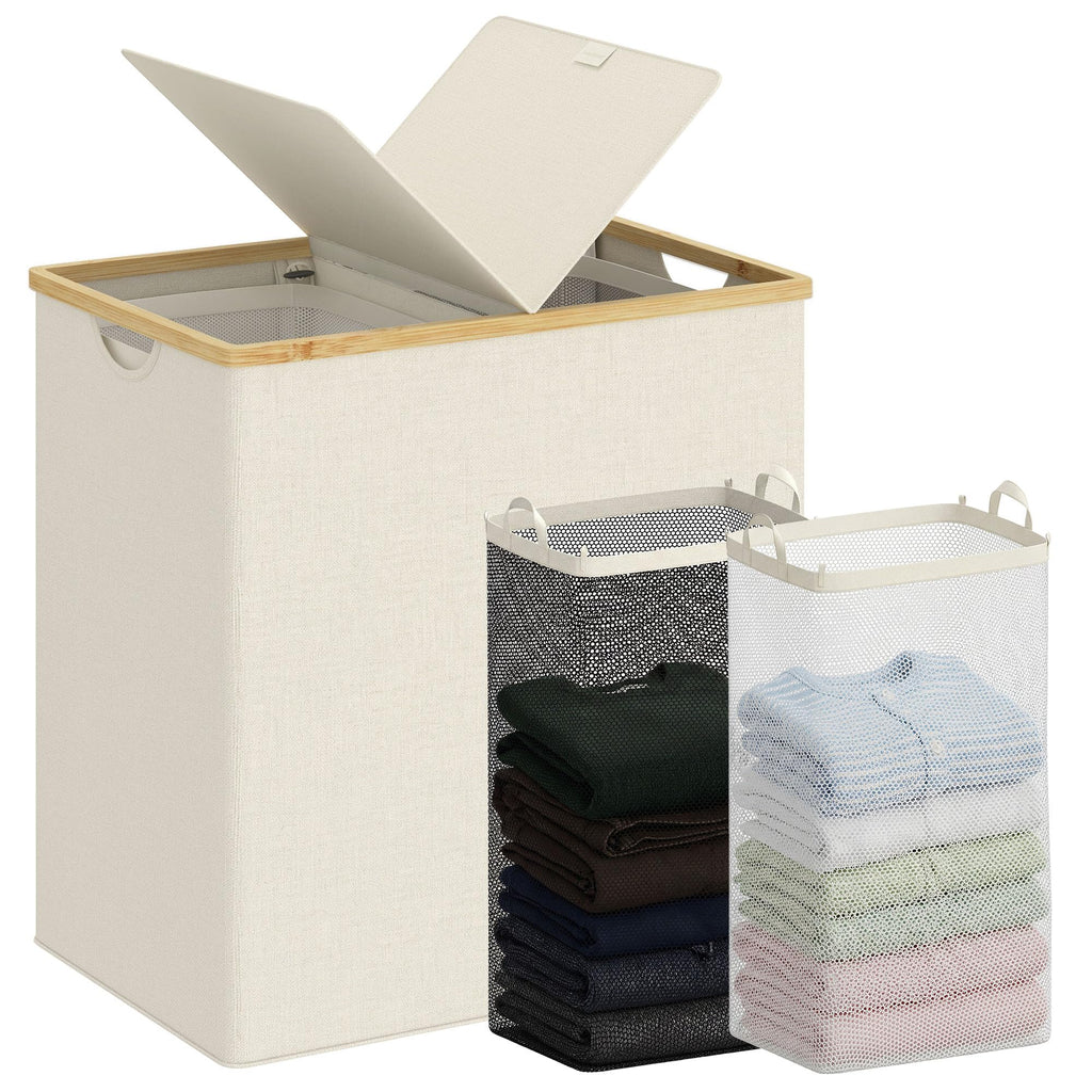efluky Double Laundry Hamper with Lid and 2 Removable Bags, Beige