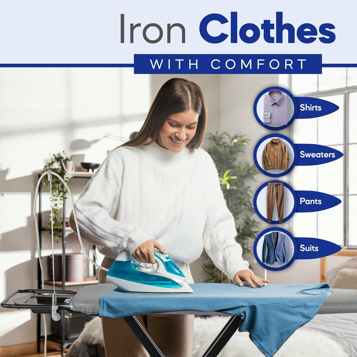 BKTD Extra-Wide Ironing Board – 48"×18" Large Surface (57" w/Iron Rest) • Built-in Clothes Rack, Hanger & Cord Holder • Heat-Resistant Cover • Heavy-Duty, No Wobble • Adjustable Height • Black Grey.