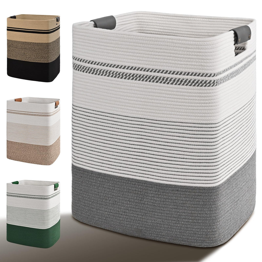 Laundry Hamper, 85L Tall Laundry Basket with Leather Handles, Rectangle Large Clothes Hamper for Organizing, Cotton Woven Laundry Baskets Storage Hampers for Bedroom, Nursery, Living Room