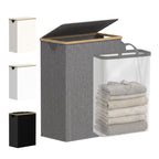 efluky Slim Laundry Basket with Lid, Narrow Laundry Hamper with Removable Bag, Skinny Dirty Clothes Basket with Bamboo Handles for Bathroom, Bedroom & Laundry Room, 75L Beige