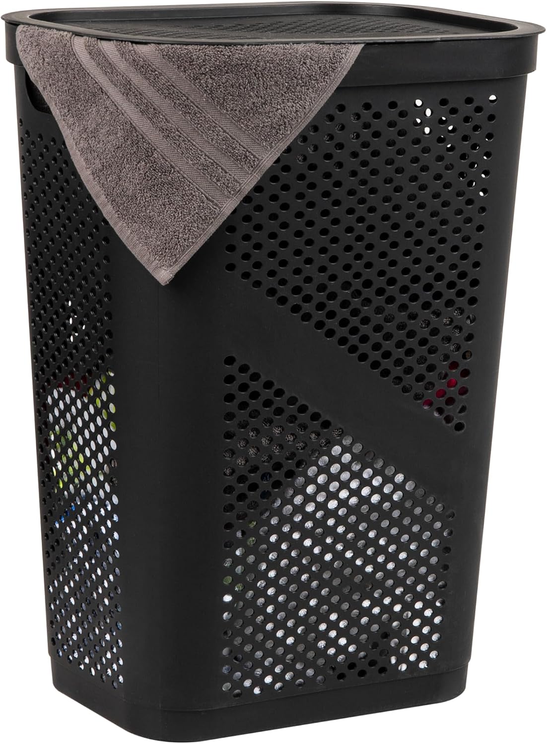 Mind Reader Slim Laundry Hamper with Lid, 60L Clothes Basket, Ventilated Plastic, Black