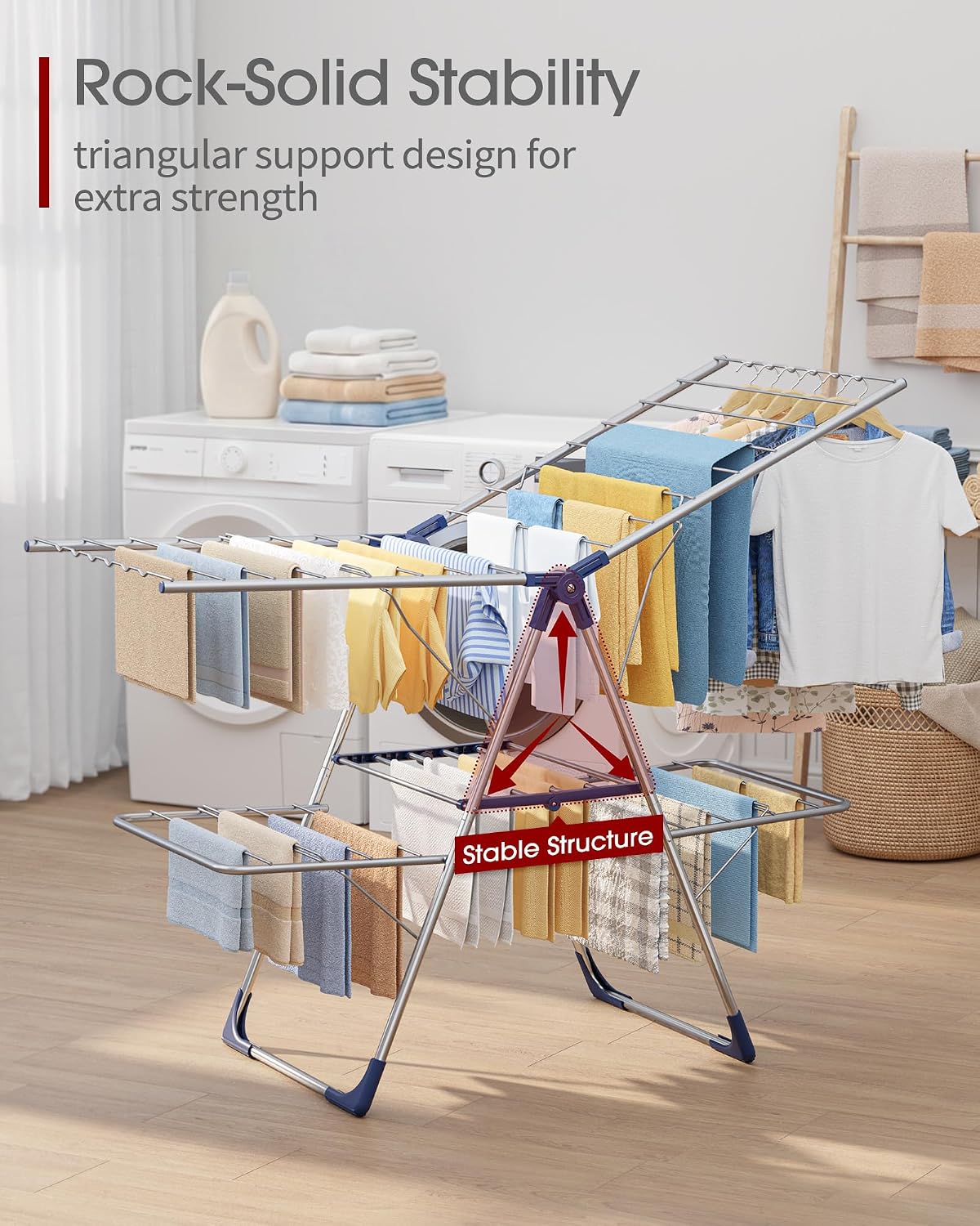 Sakugi Clothes Drying Rack, Foldable 2-Level with 55.5" Adjustable Wings
