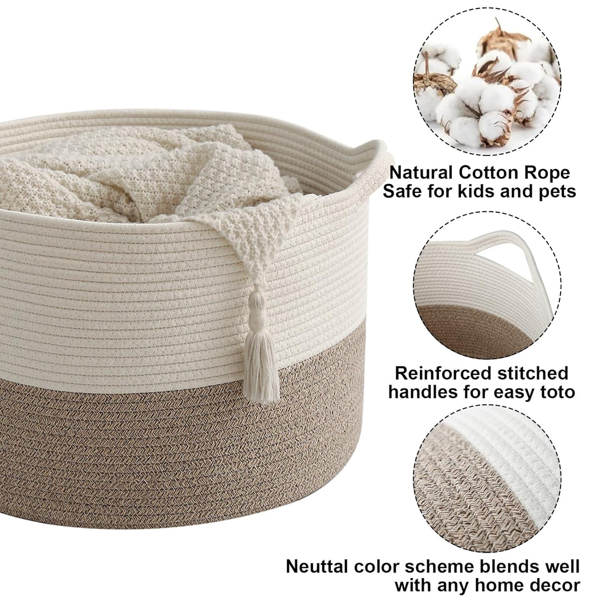 Large Woven Blanket Basket,65L Cotton Rope Laundry Basket