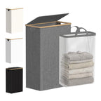 efluky Slim Laundry Basket with Lid, Narrow Laundry Hamper with Removable Bag, Skinny Dirty Clothes Basket with Bamboo Handles for Bathroom, Bedroom & Laundry Room, 75L Beige