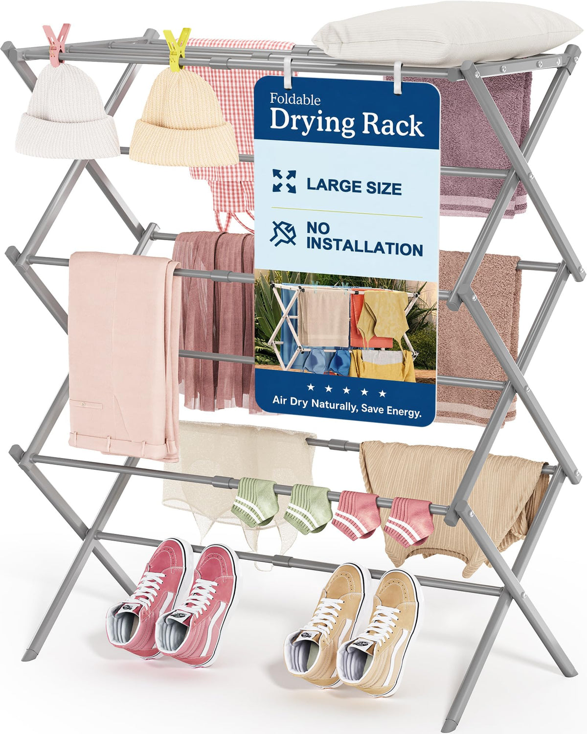 APEXCHASER Oversize 3-Tier Clothes Drying Rack, No Install, White