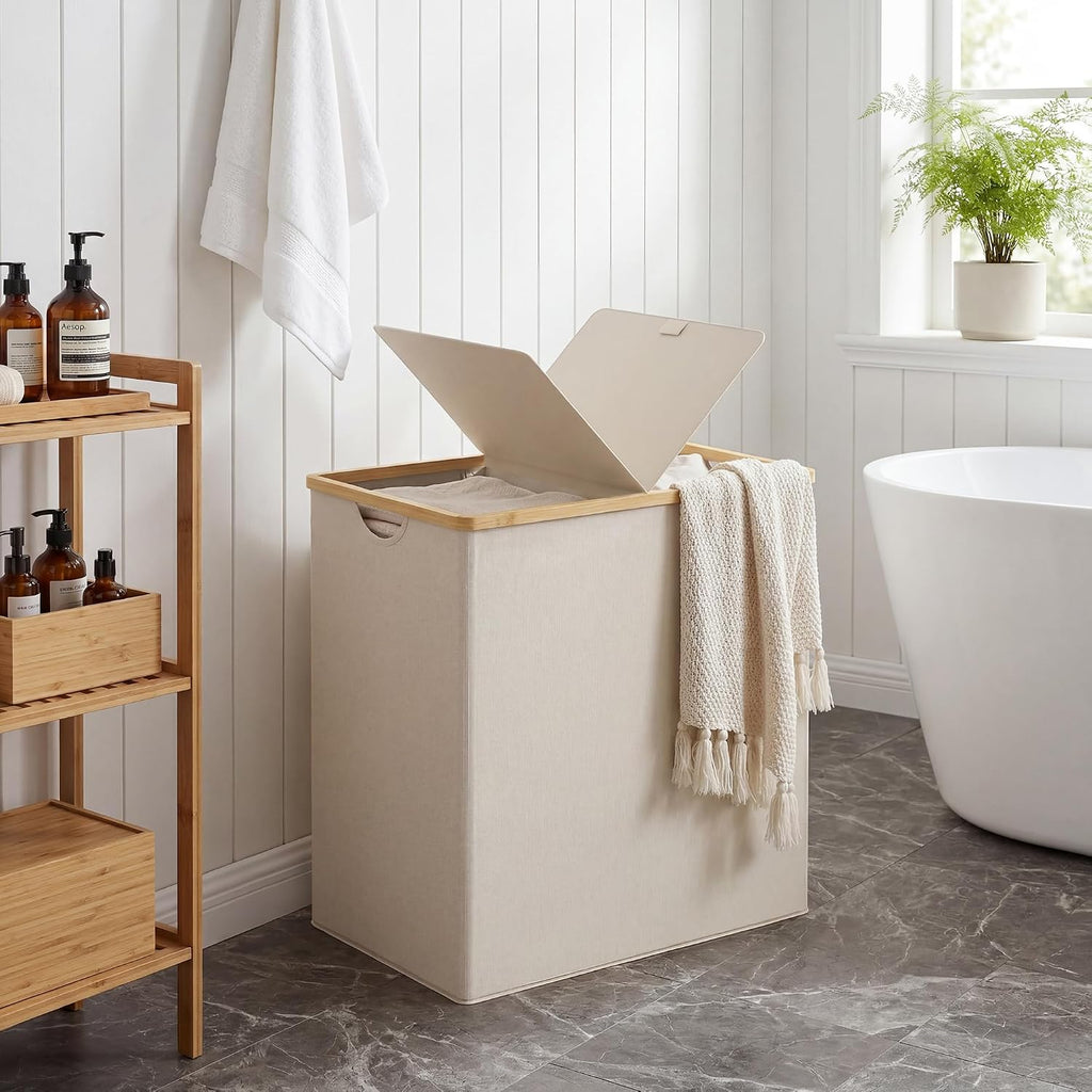 efluky Double Laundry Hamper with Lid and 2 Removable Bags, Beige