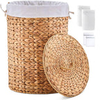 Round Water Hyacinth Laundry Hamper with Lid Handwoven Wicker Basket with Handles for Dirty Clothes, Storage, and Organization Ideal for Bedroom, Bathroom, and Laundry Room, No Assembly Required, 60L