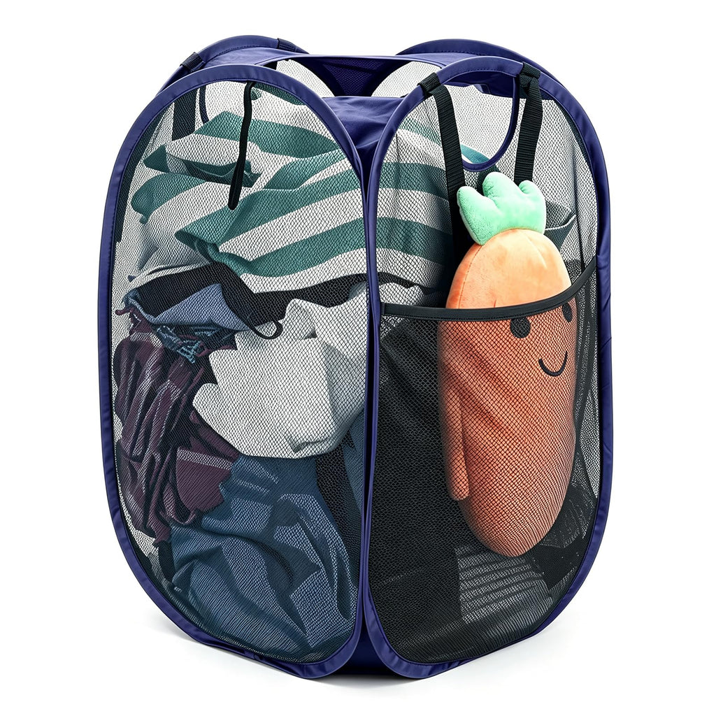 Upgraded Polyester Pop-up Laundry Hamper 2 Pack, 70L(18.5 Gal) Laundry Basket with Durable Handles Solid Bottom High Carbon Steel Frame and Side Pocket, Easy to Open Fold Flat for Storage
