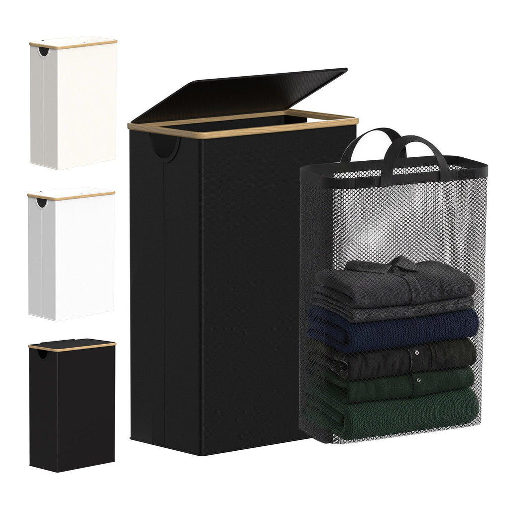 efluky Slim Laundry Basket with Lid, Narrow Laundry Hamper with Removable Bag, Skinny Dirty Clothes Basket with Bamboo Handles for Bathroom, Bedroom & Laundry Room, 75L Beige