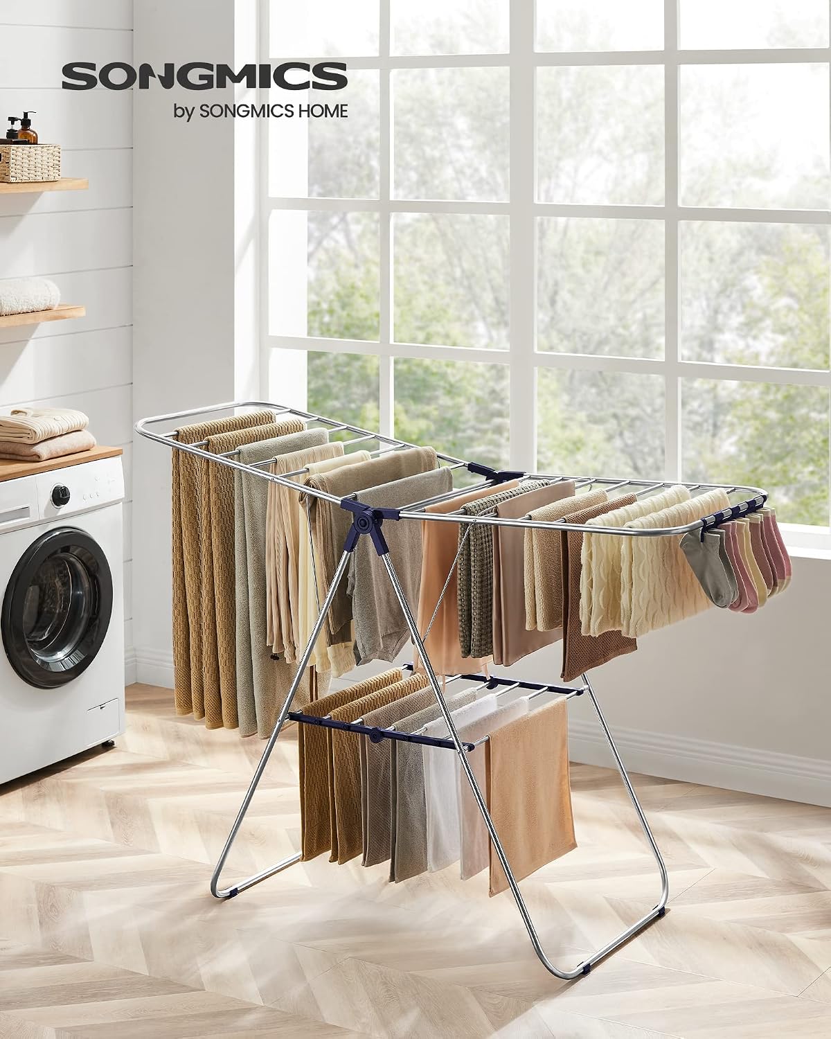 SONGMICS Clothes Drying Rack, Foldable Space-Saving Steel Laundry Rack