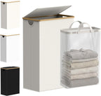efluky Slim Laundry Basket with Lid, Narrow Laundry Hamper with Removable Bag, Skinny Dirty Clothes Basket with Bamboo Handles for Bathroom, Bedroom & Laundry Room, 75L Beige