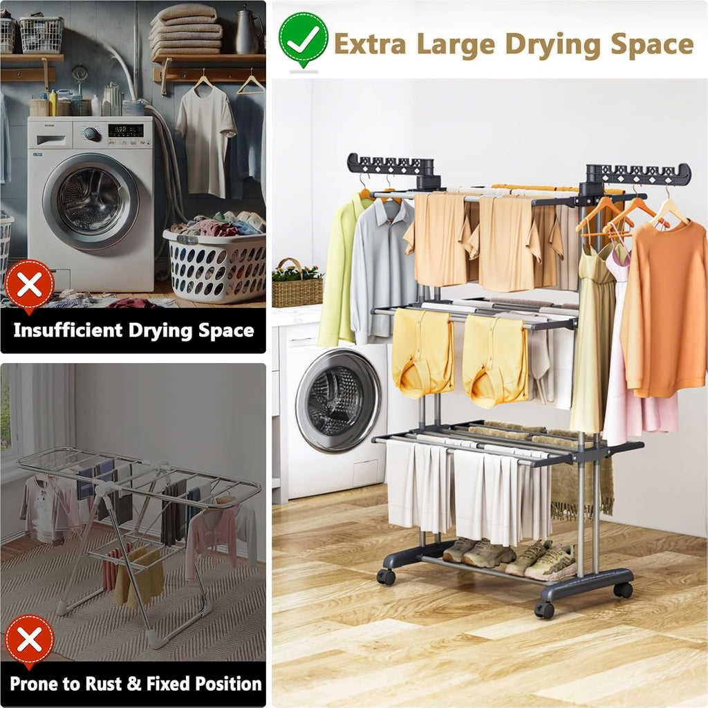 Upgraded 4-Tier Clothes Drying Rack, Drying Rack Clothing with Wheels