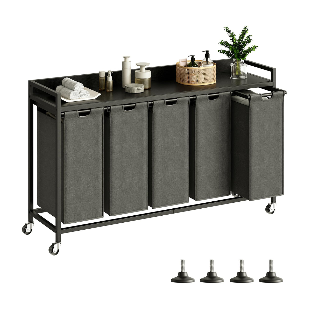 Herture Laundry Hamper with Shelf, Laundry Basket 4 Section, Laundry Sorter with Pull-Out Removable Large 4 Color Bags and Movable Wheels, Metal Frame, 4 x 15.87 Gallons (60L), Rustic Brown PF07XLN