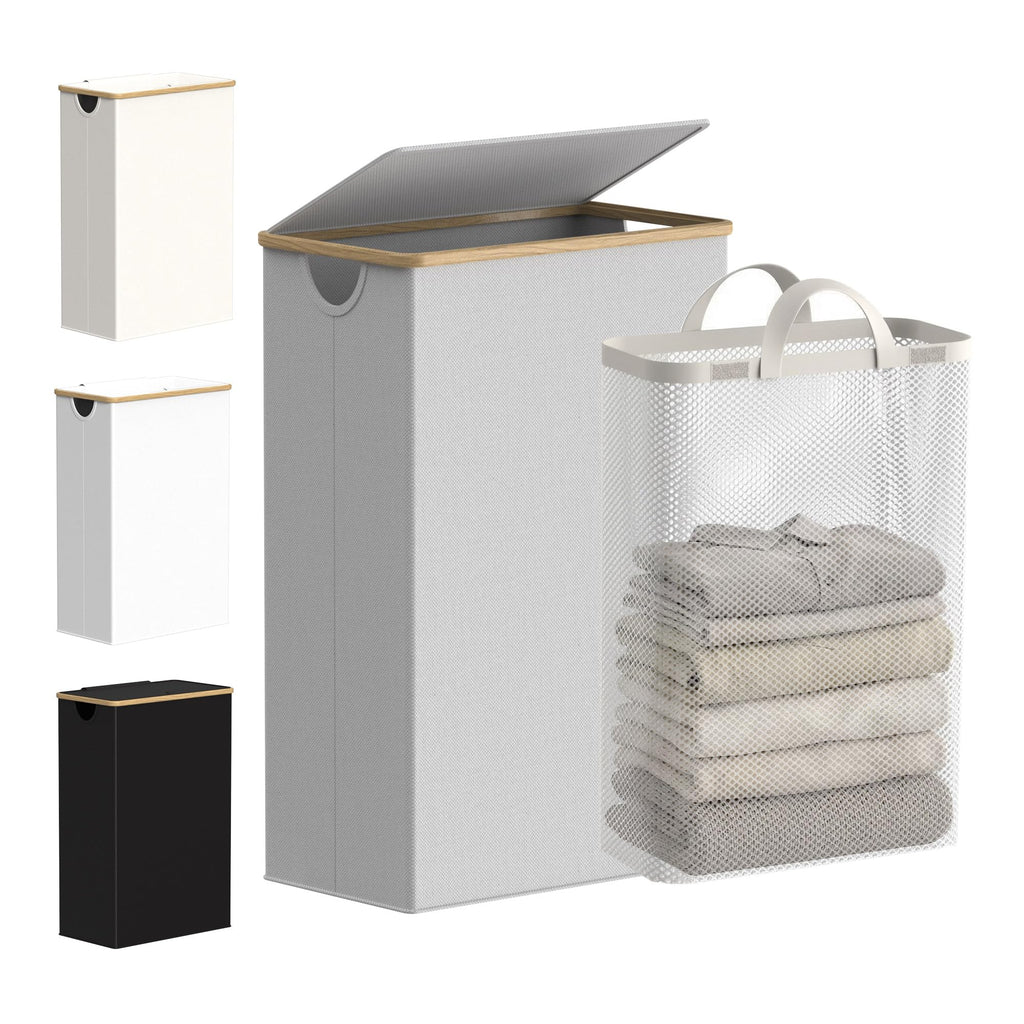 efluky Slim Laundry Basket with Lid, Narrow Laundry Hamper with Removable Bag, Skinny Dirty Clothes Basket with Bamboo Handles for Bathroom, Bedroom & Laundry Room, 75L Beige