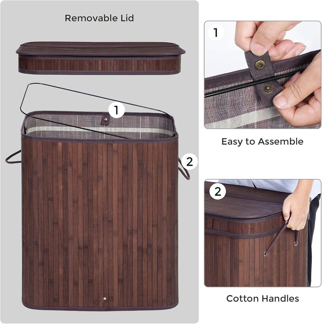 SONGMICS Bamboo Laundry Hamper with Lid, 100L, with Handles
